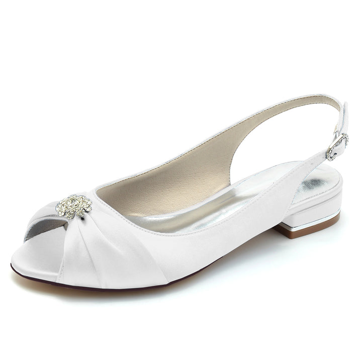 Women's Wedding Shoes Silk Satin Crystal Flower Low Peep Toe Buckle Bridal Shoes