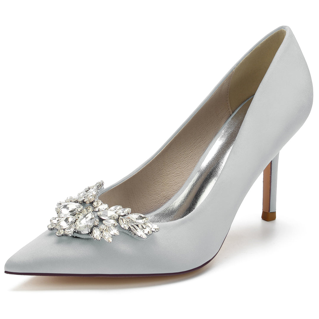 Women's Wedding Shoes Silk Satin Crystal Swing Stiletto Pointed Toe Bridal Shoes