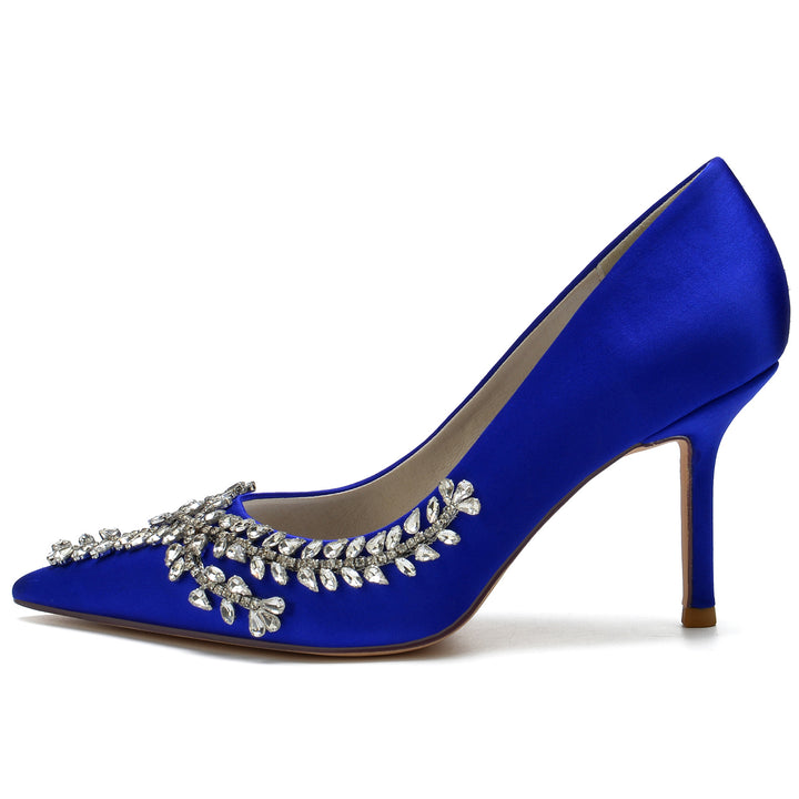 Women's Wedding Shoes Royal Blue Silk Satin Crystal Stiletto Pointed Toe Bridal Shoes