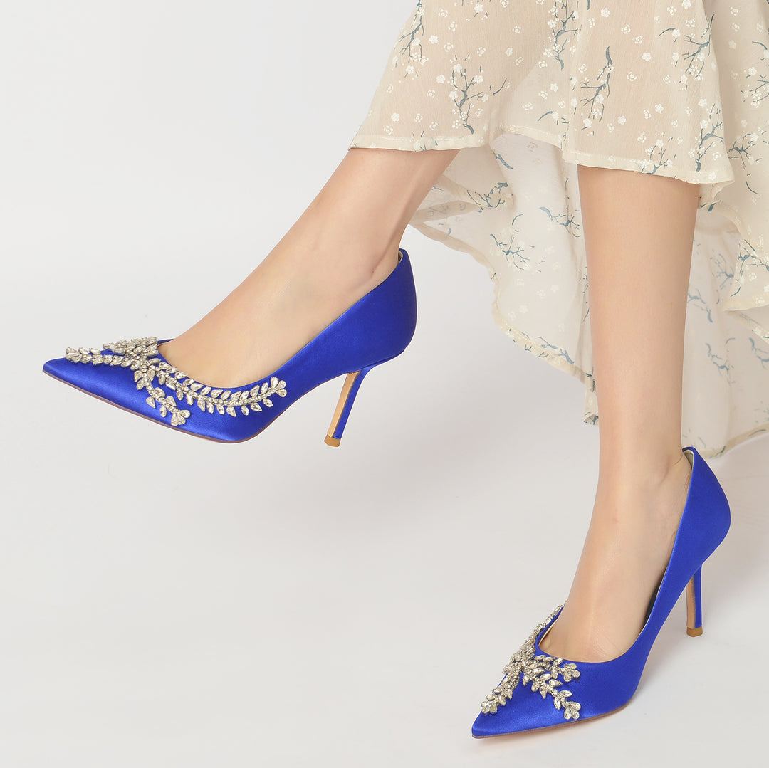 Women's Wedding Shoes Royal Blue Silk Satin Crystal Stiletto Pointed Toe Bridal Shoes