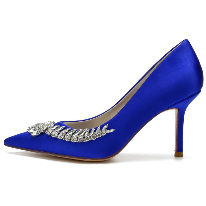 Women's Wedding Shoes Blue Silk Satin Rhinestone Stiletto Pointed Toe Bridal Shoes