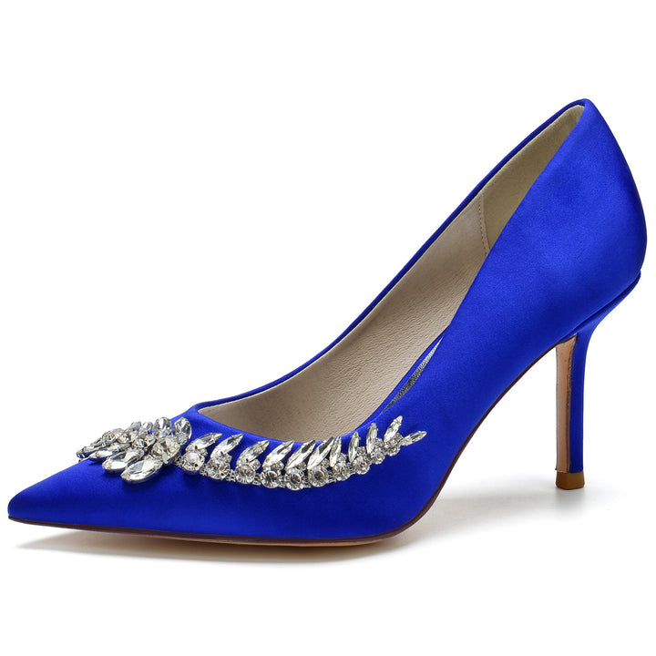 Women's Wedding Shoes Blue Silk Satin Rhinestone Stiletto Pointed Toe Bridal Shoes