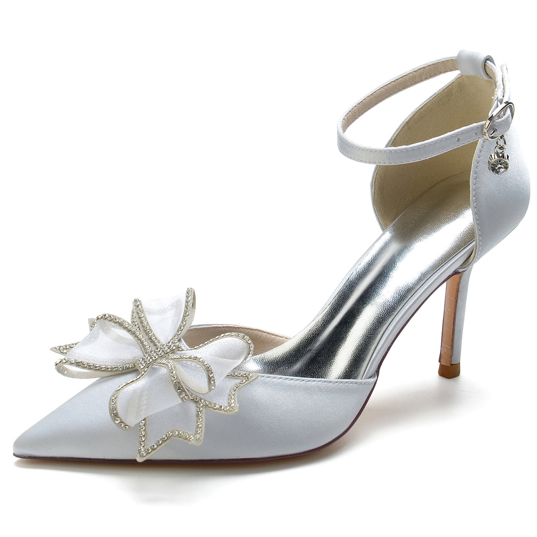 Women's Wedding Shoes Silk Satin Bow Stiletto Pointed Toe Buckle Bridal Shoes