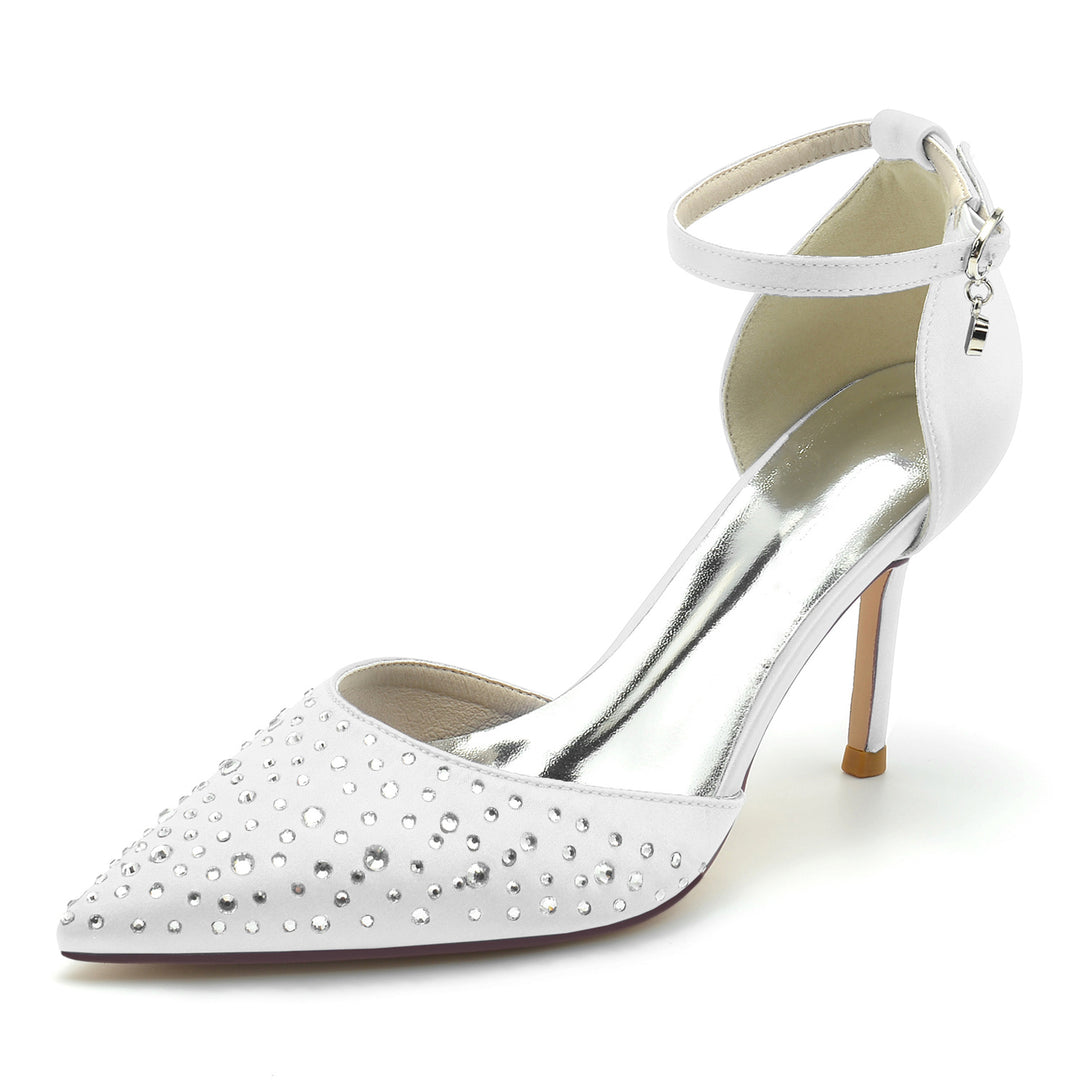 Women's Wedding Mini Crystal Stiletto Pointed Toe Buckle Bridal Shoes