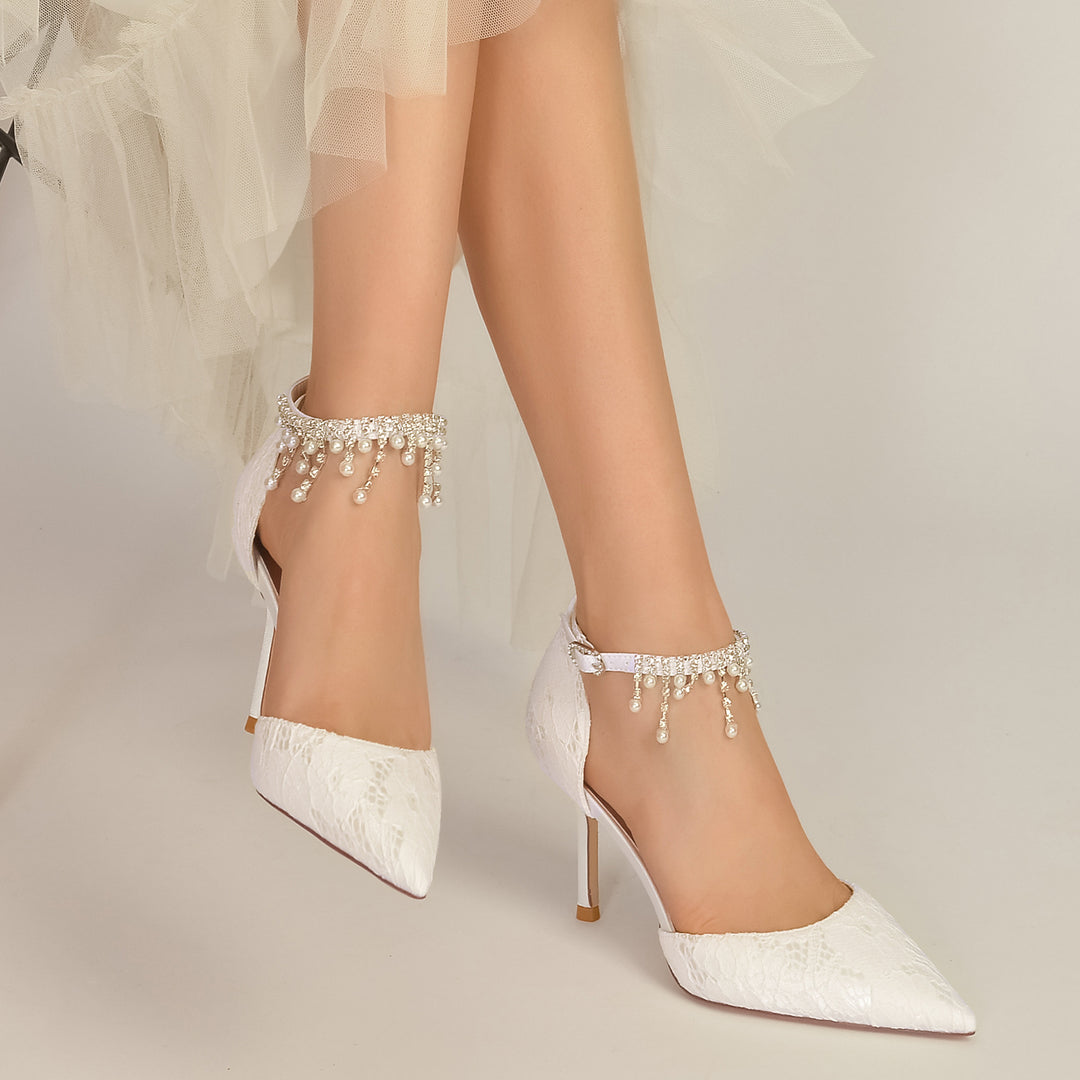 Women's Wedding Shoes Pearl Lace Stiletto Pointed Toe Ankle Strap Bridal Shoes