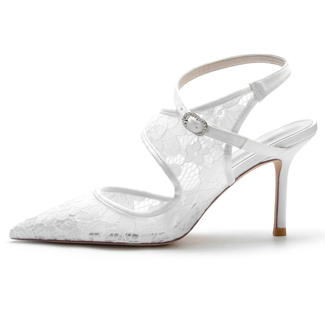 Women's Wedding Shoes Silk Satin Lace Mesh Stiletto Pointed Toe Buckle Bridal Shoes