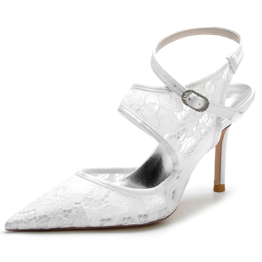 Women's Wedding Shoes Silk Satin Lace Mesh Stiletto Pointed Toe Buckle Bridal Shoes