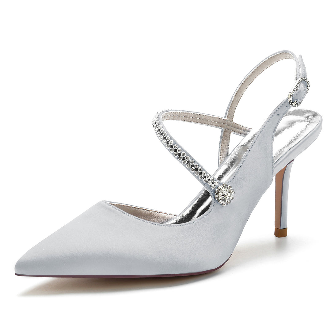 Women's Wedding Shoes Silk Satin Crystal Stiletto Pointed Toe Buckle Bridal Shoes