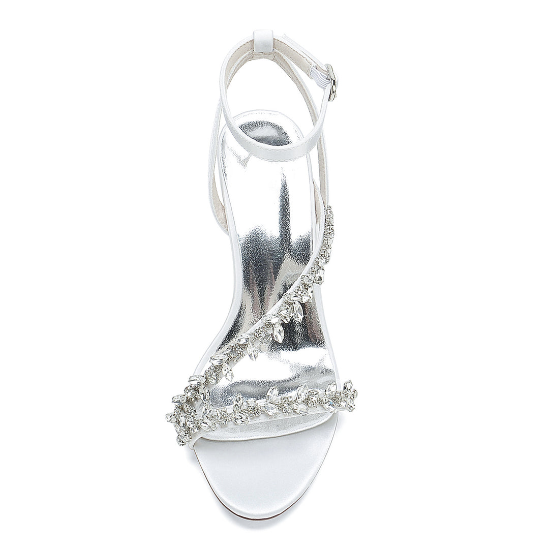 Women's Wedding Shoes White Strappy Rhinestone Opened Toe Block Heel Bridal Shoes