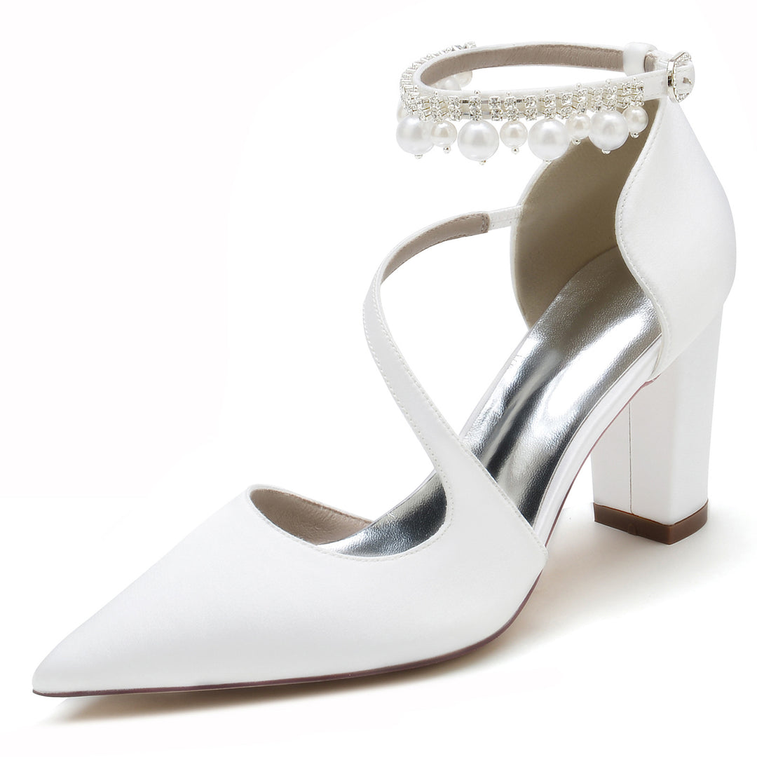 Women's Wedding Shoes White Pearl Block Pointed Toe Buckle Bridal Shoes