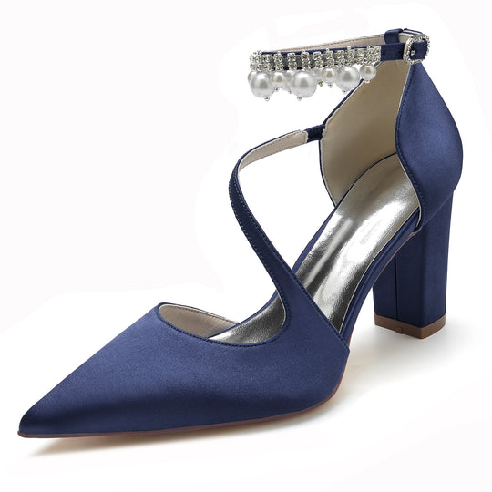 Women's Wedding Shoes Mini Rhinestone Block Pointed Toe Buckle Bridal Shoes
