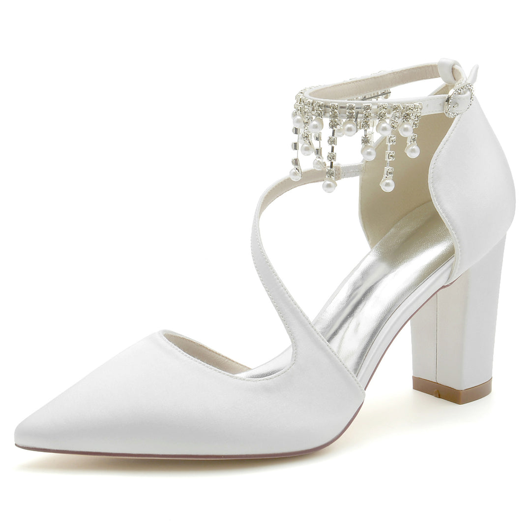 Women's Wedding Shoes Silk Satin Pearl Chunky Pointed Toe Buckle Bridal Shoes