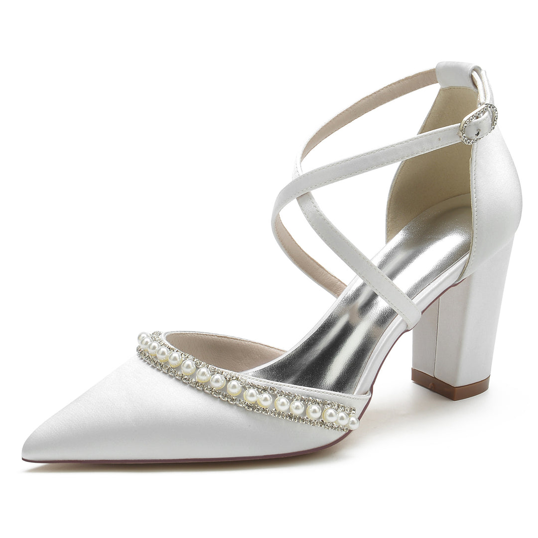 Women's Wedding Shoes Chunky Strappy Pearl Pointed Toe Bridal Shoes