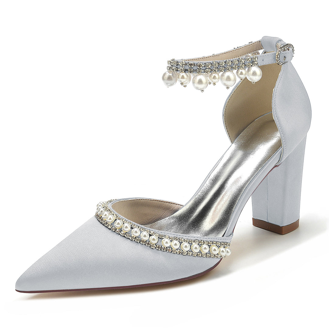 Women's Wedding Rhinestone Pearl Block Heel Pointed Toe Buckle Bridal Shoes