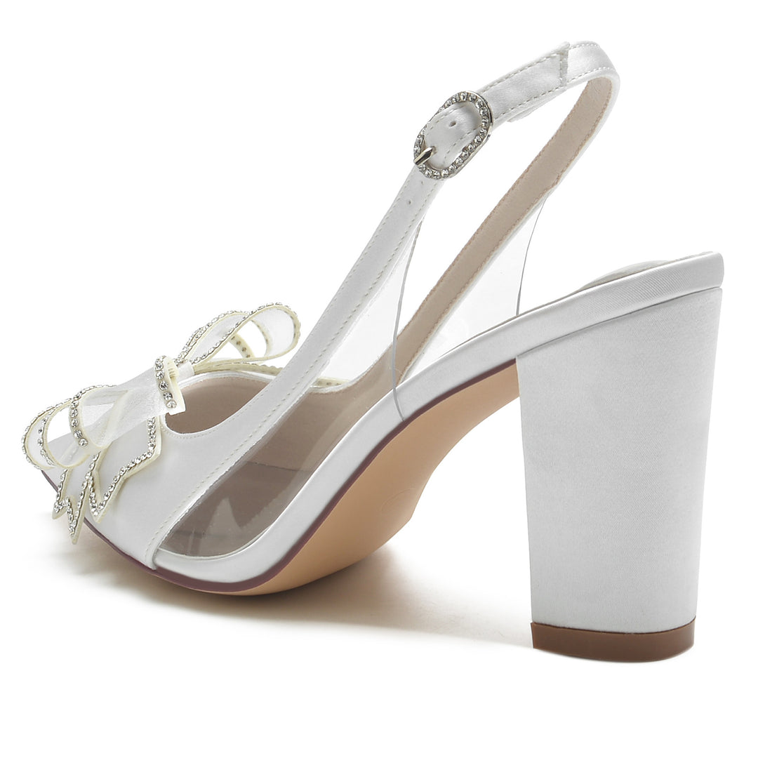 Women's Wedding Shoes Silk Satin Block Heel Bow Pointed Toe Buckle Bridal Shoes