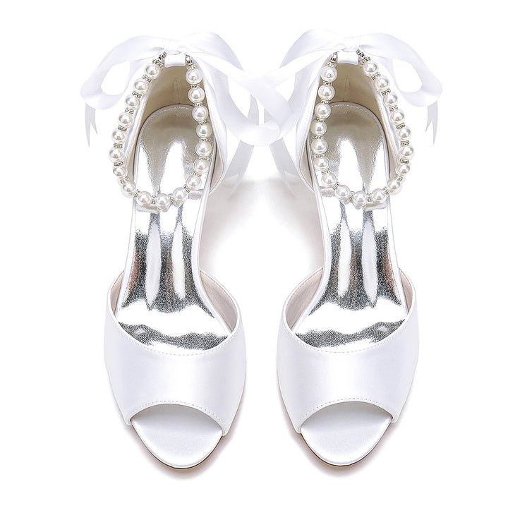 Women's Wedding Shoes Peep Toe Pearl Mid  Bow Heel Bridal Shoes