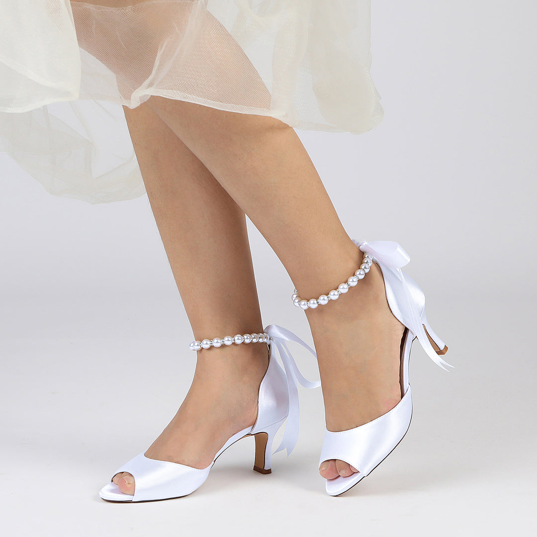 Women's Wedding Shoes Peep Toe Pearl Mid  Bow Heel Bridal Shoes