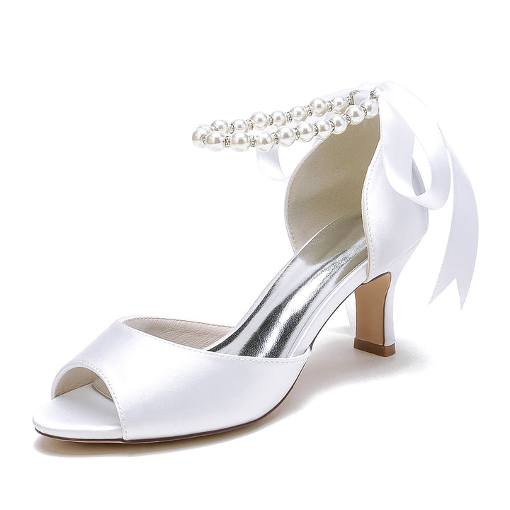 Women's Wedding Shoes Peep Toe Pearl Mid  Bow Heel Bridal Shoes