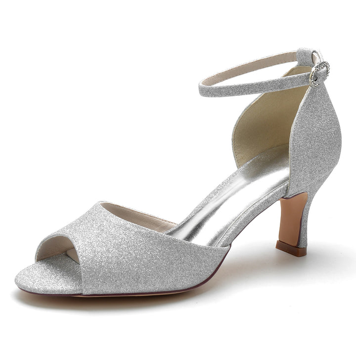 Women's Wedding Shoes Glitter Peep Toe Mid Heel Buckle Minimalist Bridal Shoes