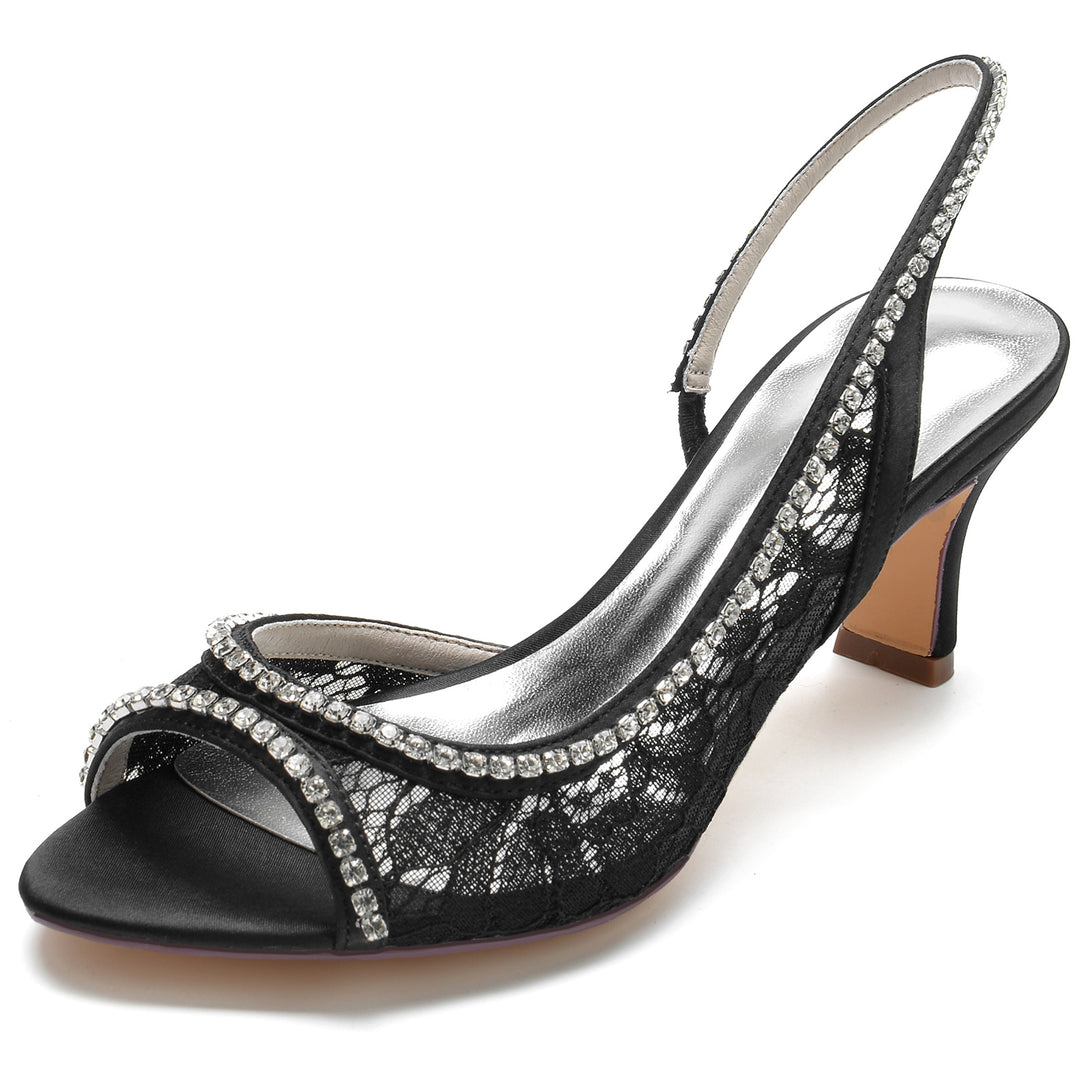 Women's Wedding Shoes Black Silk Satin Lacework Crystal Mid Peep Toe Bridal Shoes