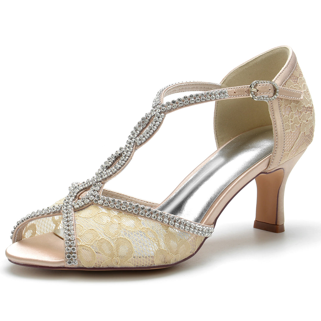 Women's Wedding Shoes Lacework Mini Crystal Strappy Mid Peep Toe Buckle Bridal Shoes