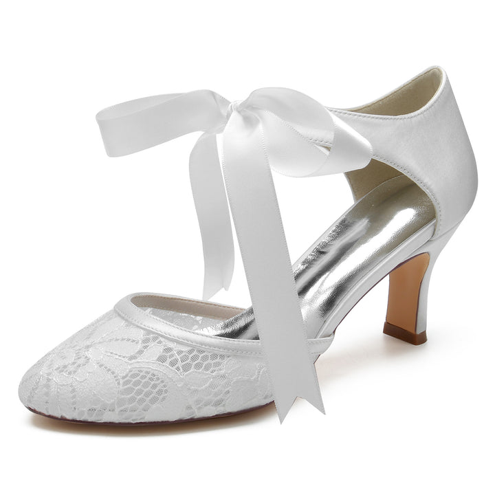 Women's Wedding Shoes Lace Mid Round Toe Bow Ankle Strap Bridal Shoes