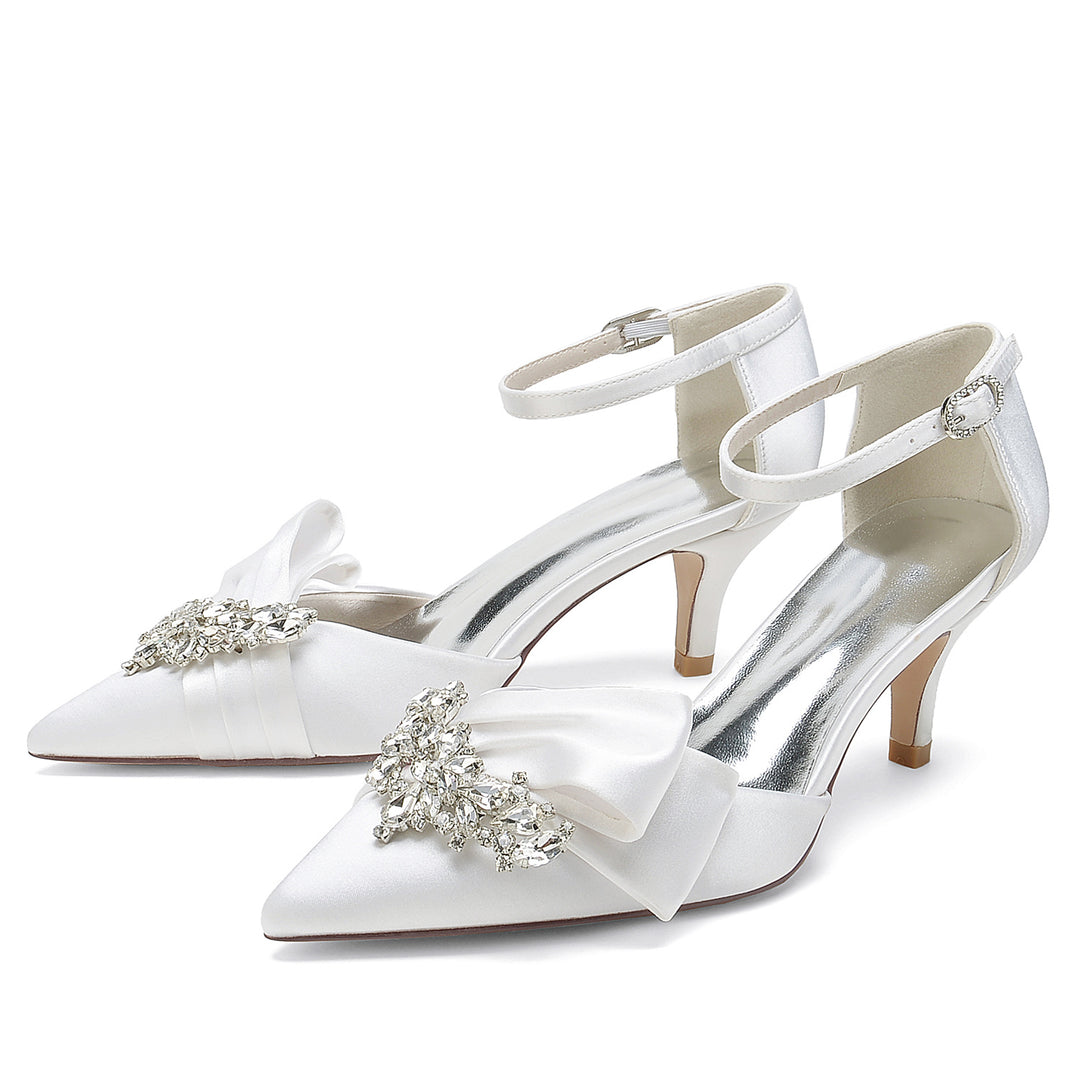 Women's Wedding Shoes Silk Satin Rhinestone Bow Mid Pointed Toe Buckle Bridal Shoes