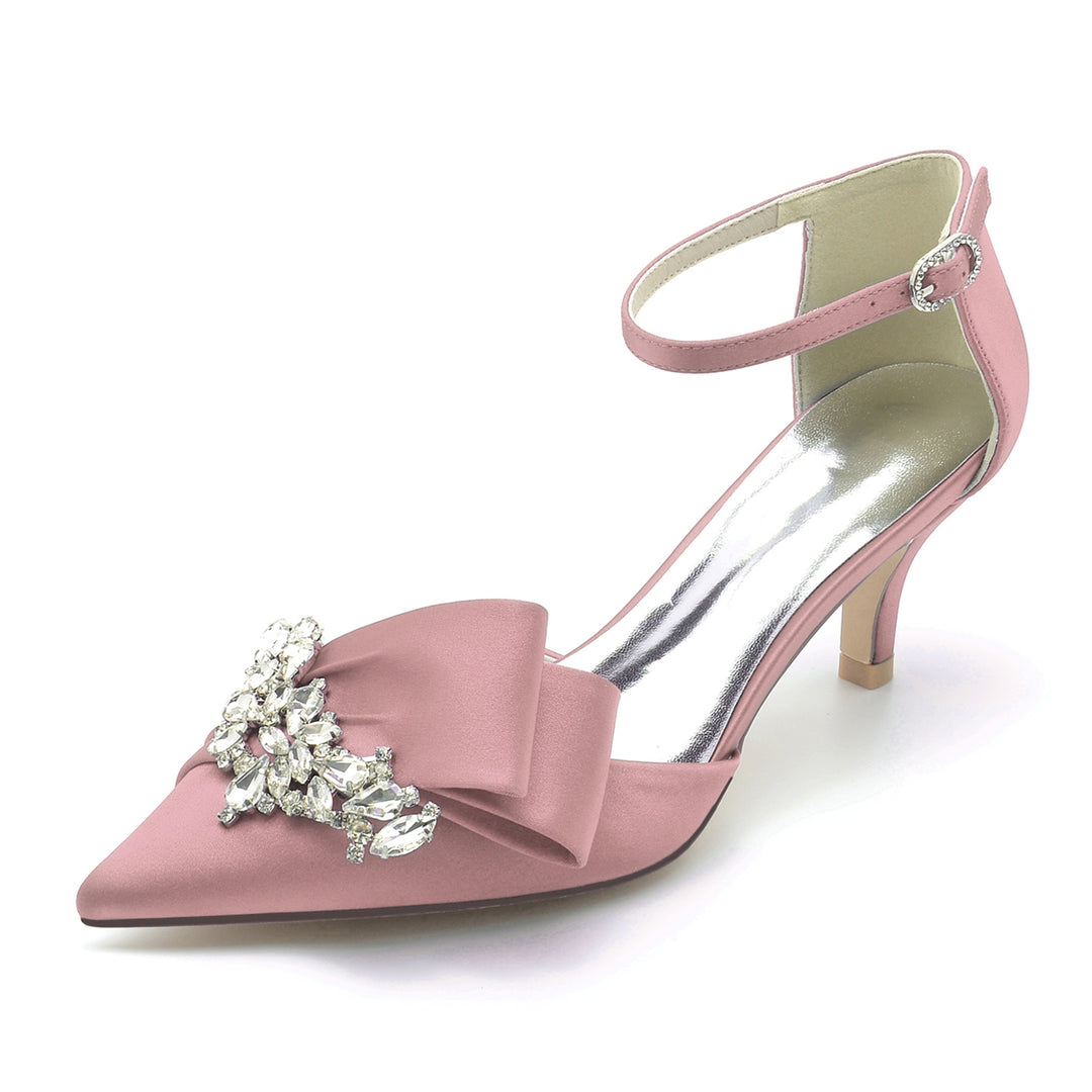 Women's Wedding Shoes Silk Satin Rhinestone Bow Mid Pointed Toe Buckle Bridal Shoes