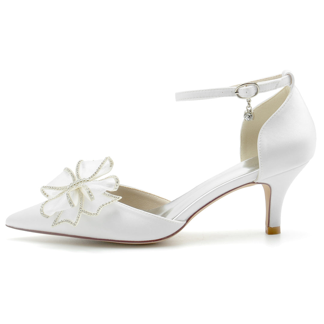 Women's Wedding Shoes Silk Satin Bow Mid Closed Toe Buckle Bridal Shoes