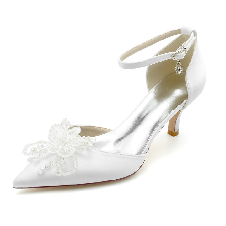 Women's Wedding Shoes Silk Satin Rhinestone Flower Mid Heel Pointed Toe Bridal Shoes