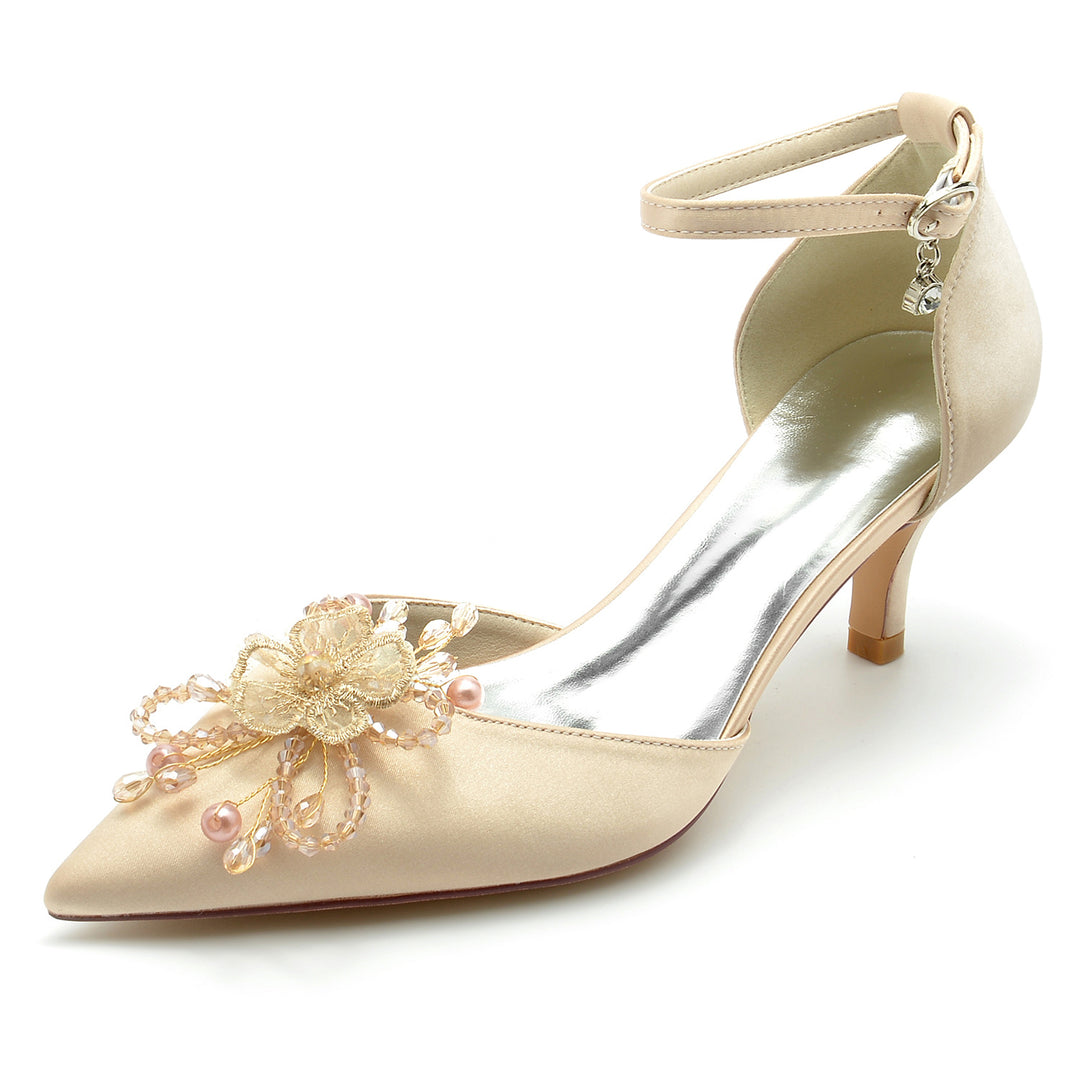 Women's Wedding Shoes Silk Satin Rhinestone Flower Mid Heel Pointed Toe Bridal Shoes