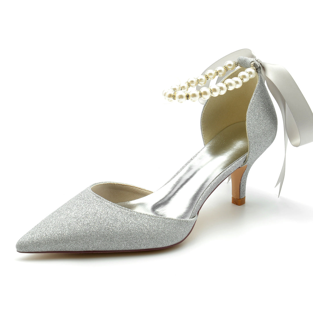 Women's Wedding Shoes Glitter Pearl Pointed Toe Mid Heel Bow Bridal Shoes