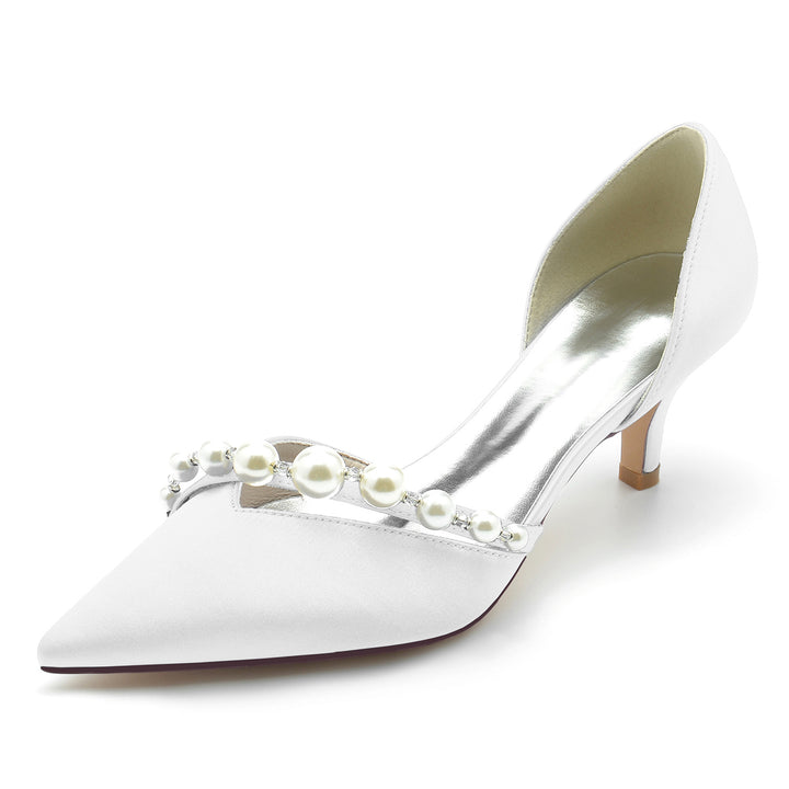 Women's Wedding Shoes White Pearl Mid Pointed Toe Minimalism Bridal Shoes