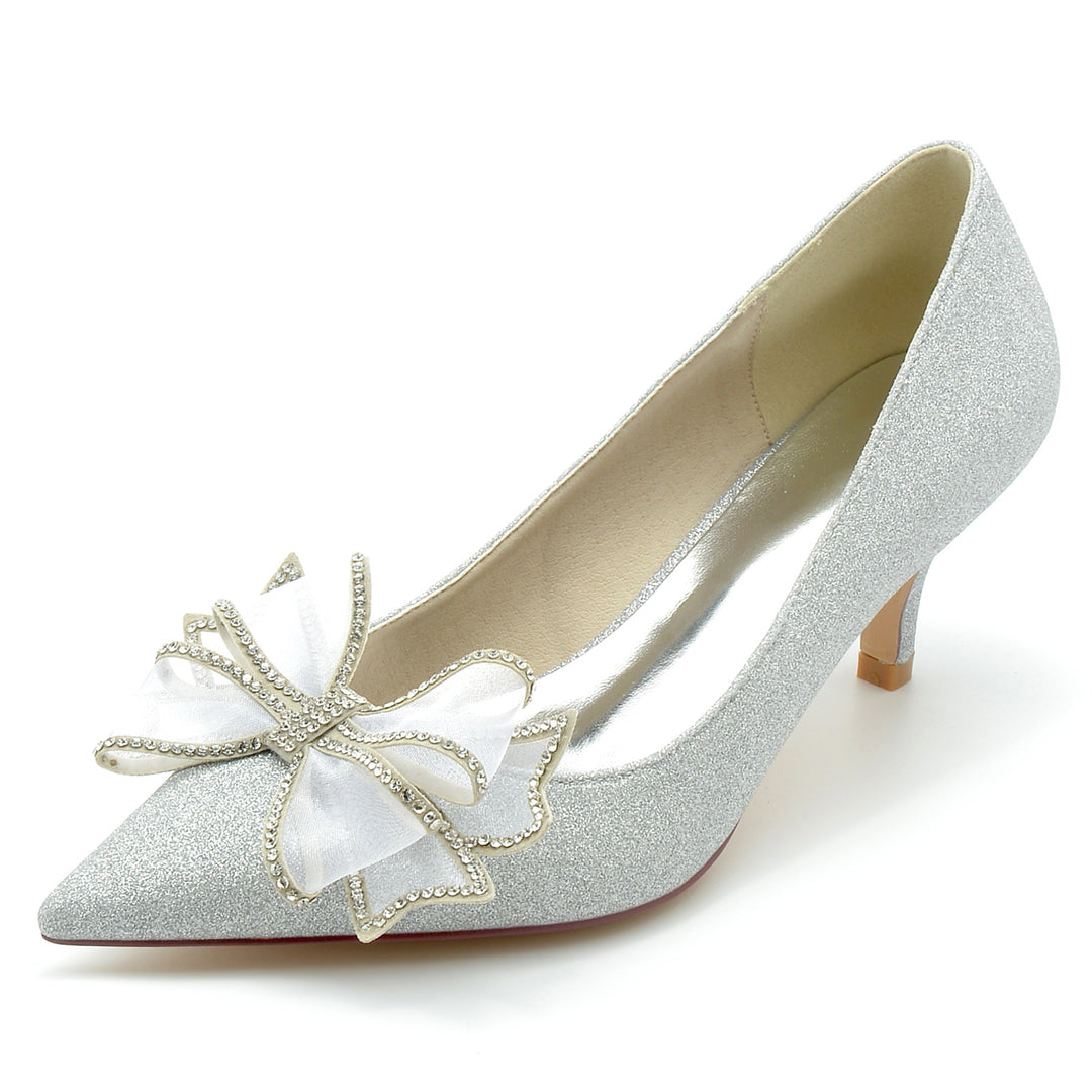 Women's Wedding Shoe Glitter Bow Mid Heel Pointed Toe Bridal Shoes