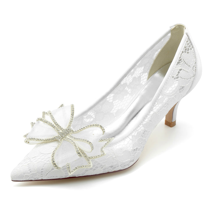 Women's Wedding Shoes Lace Bow Mid Pointed Toe Minimalist Bridal Shoes