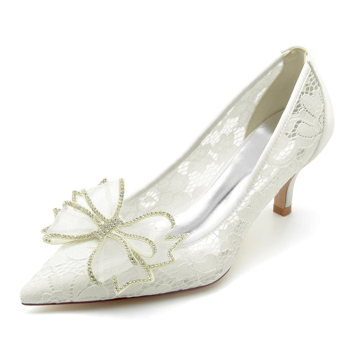 Women's Wedding Shoes Lace Bow Mid Pointed Toe Minimalist Bridal Shoes