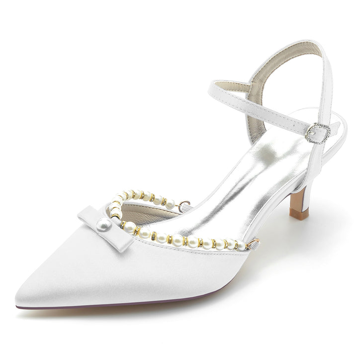 Women's Wedding Shoes White Pearl Pointed Toe Mid Buckle Bridal Shoes