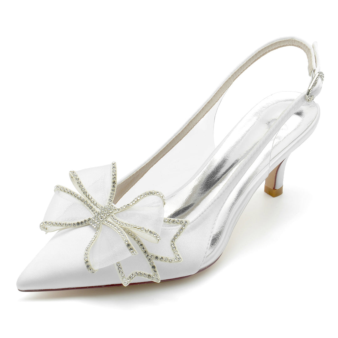 Women's Wedding Shoes Silk Satin Bow Mid Heel Pointed Toe Buckle Bridal Shoes