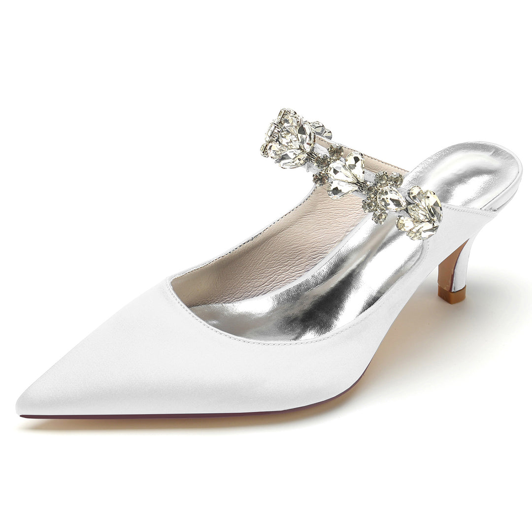 Women's Wedding Shoes White Rhinestone Mid Heel Pointed Toe Comfortable Bridal Shoes