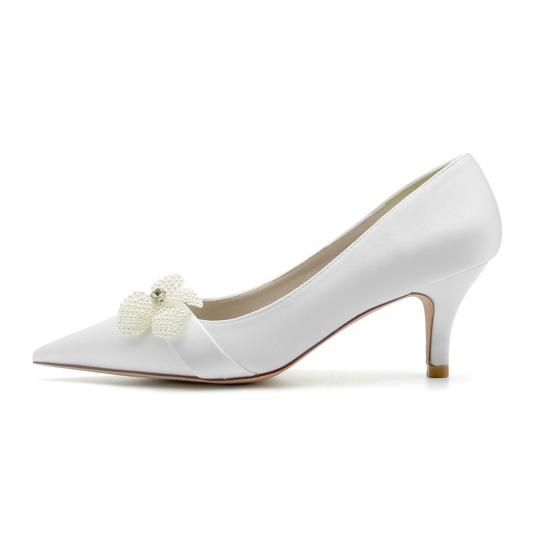 Women's Wedding Shoes White Pearl Flower Pointed Toe Mid Heel Bridal Shoes