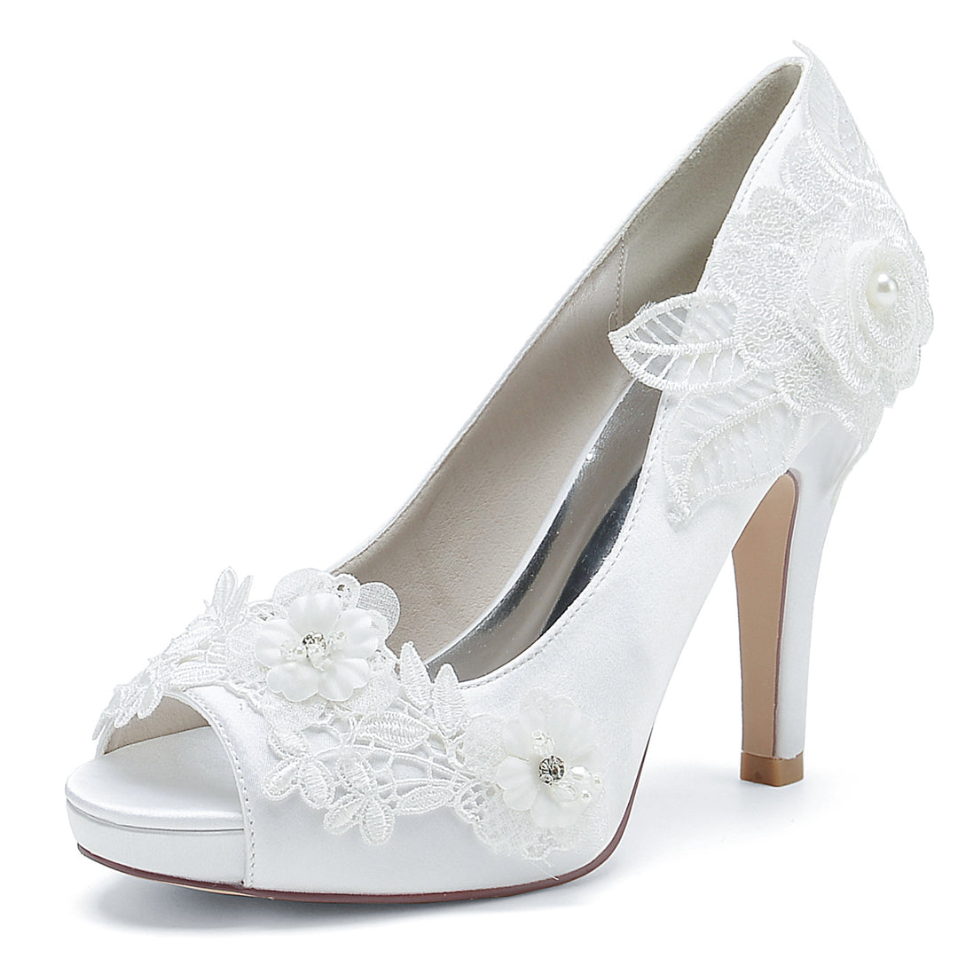 Women's Wedding Shoes Silk Satin Applique Flower High Heel Peep Toe Bridal Shoes