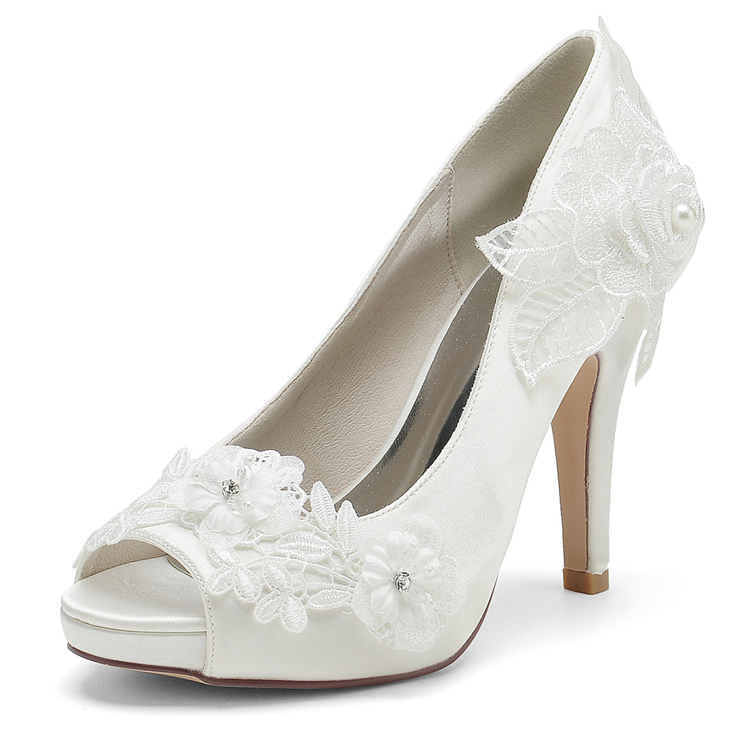 Women's Wedding Shoes Silk Satin Applique Flower High Heel Peep Toe Bridal Shoes