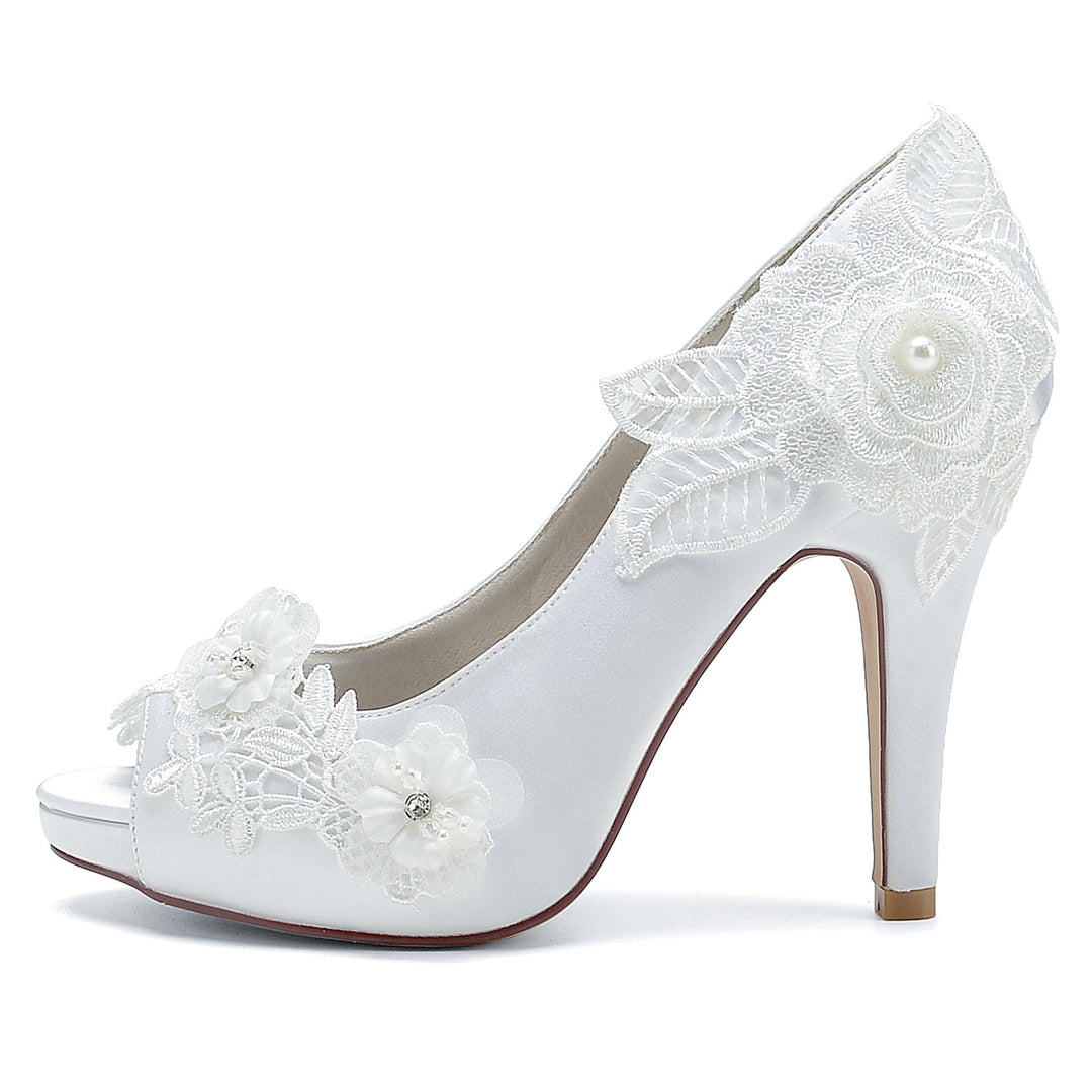 Women's Wedding Shoes Silk Satin Applique Flower High Heel Peep Toe Bridal Shoes