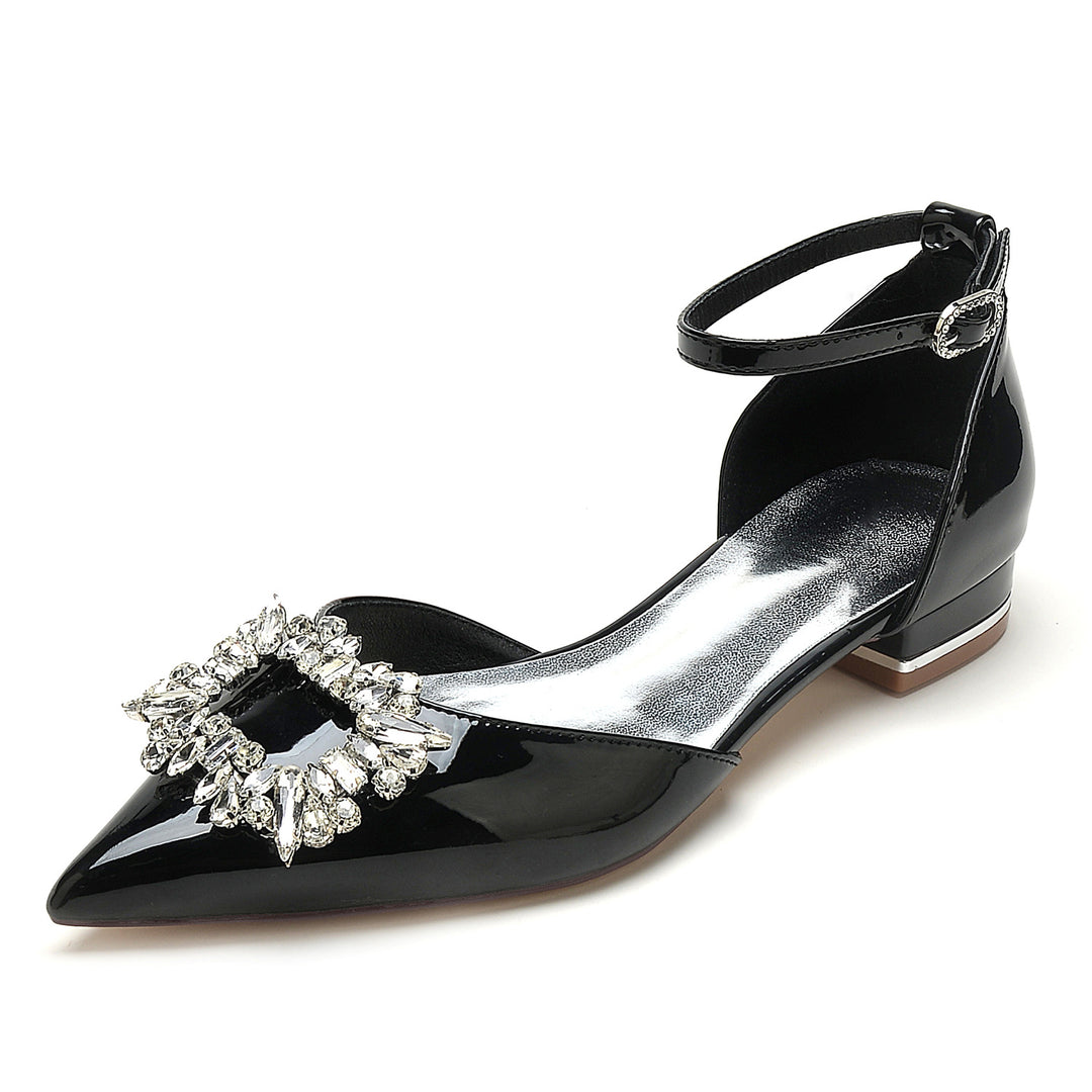 Women's Wedding Shoes Patent Leather Square Rhinestone Low Pointed Toe Bridal Shoes