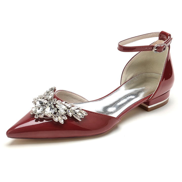 Women's Wedding Shoes Rhinestone Patent Leather Low Pointed Toe Buckle Bridal Shoes