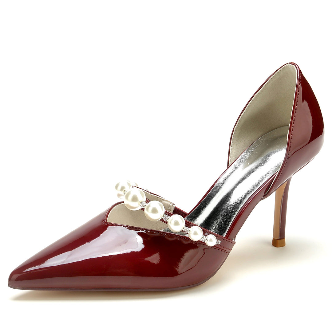 Women's Wedding Shoes Patent Leather Pearl Stiletto Pointed Toe Bridal Shoes