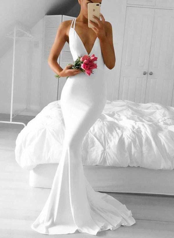 White Wedding Dresses 2026 Elegant Women's Mermaid/Trumpet Deep V-Neck Halter Backless Sleeveless Floor-Length Bridal Gowns, White White Wedding Dresses 2026 Elegant Women's Mermaid/Trumpet Deep V-Neck Halter Backless Sleeveless Floor-Length Bridal Gowns, White