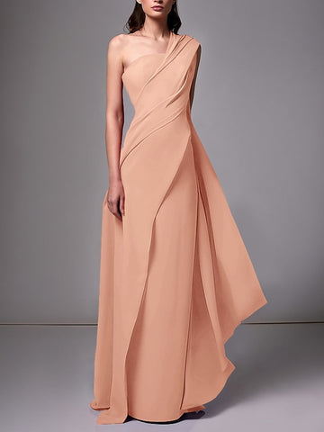 Light Pink One Shoulder Sleeveless Evening Dress with Split main image 1