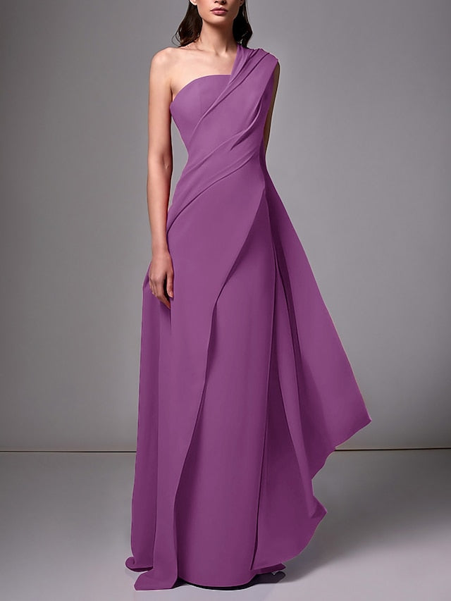 Sheath/Column  One Shoulder Sleeveless Sweep/Brush Train Evening Gown Elegant Dress Formal Satin with Feather Bow(s)