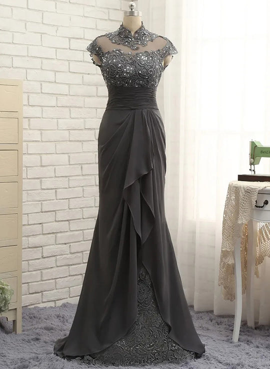 Sheath/Column Draped Sleeve Plunging Neck Floor-Length Mother of the Bride Dresses with Split main image 1